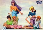  1980s_(style) 5girls aqua_skirt arm_behind_back arm_behind_head arms_up bangs barefoot blonde_hair bow brown_hair casual clothes_writing cropped_shirt denim elle_vianno elpeo_puru gundam gundam_zz hair_bow hand_on_hip hands_together high_ponytail highres jeans kneeling knees_up leg_up leina_ashta logo long_hair long_sleeves looking_at_viewer midriff miniskirt multiple_girls navel no_shoes official_art one_eye_closed open_mouth orange_hair pants pants_rolled_up pleated_skirt purple_hair puru_two retro_artstyle roux_louka scan shirt short_sleeves shorts siblings sitting skirt sleeves_past_elbows smile standing striped striped_shirt suspenders t-shirt twins 