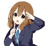  blazer blue_jacket blue_ribbon blush brown_eyes brown_hair collared_shirt hair_ornament hairclip hirasawa_yui jacket k-on! medium_hair ribbon samayoi school_uniform shirt simple_background white_background white_shirt 