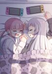  2girls closed_eyes highres holding_hands hololive interlocked_fingers kiwami133 minato_aqua mouth_drool multiple_girls murasaki_shion nintendo_switch on_bed open_mouth sleeping sleepwear virtual_youtuber 