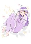  1girl :o absurdres ahoge blush brown_eyes eyebrows_visible_through_hair fetal_position frills hair_down hair_flaps heart highres long_hair long_sleeves looking_at_viewer lying on_side open_mouth pajamas parted_lips partially_colored precure purple_hair purple_pajamas sketch solo star_(symbol) suzumura_sango tankobukids tropical-rouge!_precure 