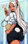  animal_humanoid bottomwear breasts butt carrot clothed clothing food hair hi_res humanoid lagomorph lagomorph_humanoid leporid_humanoid looking_at_viewer looking_back looking_back_at_viewer mammal mammal_humanoid miruko my_hero_academia plant powtaytow3333 rabbit_humanoid shirt skirt topwear vegetable white_hair 