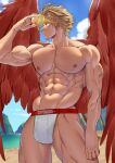  1boy abs absurdres alternate_costume alternate_pectoral_size bara beach blonde_hair boku_no_hero_academia bulge cowboy_shot facial_hair feathered_wings hawks_(boku_no_hero_academia) highres jockstrap large_pectorals lifeguard male_focus male_underwear mature_male muscular muscular_male navel nipples outdoors pectorals red_wings short_hair solo stomach stubble suyobara thick_thighs thighs underwear underwear_only water whistle whistle_around_neck white_male_underwear wings 