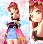 1girl bangs blue_skirt breasts brown_hair cherry_blossoms commentary day esther eyelashes from_below hair_ornament hair_ribbon hand_in_hair hand_up long_hair oichi_(pokemon_conquest) orange_eyes outdoors parted_lips petals pink_lips pokemon pokemon_conquest ribbon signature skirt sky solo 