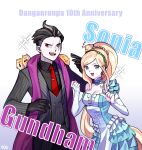  1boy 1girl :d anniversary bangs black_gloves black_hair black_shirt blonde_hair bridal_gauntlets cham-p character_name collarbone collared_shirt danganronpa_(series) danganronpa_10th_anniversary_costume danganronpa_2:_goodbye_despair dress earrings frills gloves gradient gradient_background grey_background grey_eyes grey_hair hamster hands_up heterochromia highres jewelry jum-p long_hair looking_at_viewer maga-g multicolored_hair necktie official_alternate_costume open_mouth pale_skin pants red_eyes scarf shirt short_hair silvercandy_gum smile sonia_nevermind squinting striped striped_jacket striped_pants sun-d tanaka_gandamu tie_clip zzz 