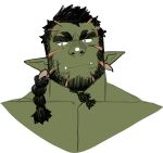  1boy absurdres bara beard black_hair colored_skin cropped_shoulders facial_hair fangs green_skin highres male_focus mature_male monster_boy muscular muscular_male nudo_(nu_nudo_do) orc original pectorals pointy_ears scar scar_on_face short_hair solo thick_eyebrows upper_body white_background 