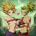  2girls arm_behind_back bandeau blonde_hair blue_eyes breasts caulifla collarbone commentary covered_nipples dragon_ball dragon_ball_super earrings english_text green_hair groin heart heart_pasties highres jammeryx jewelry kale_(dragon_ball) medium_breasts midriff moon multiple_girls navel one_breast_out pasties ponytail potara_earrings red_lips signature single_earring smile sparkle spiked_hair super_saiyan super_saiyan_1 twitter_username vambraces 