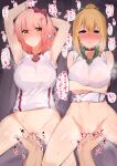  2girls ahoge alternate_costume armpits bangs blonde_hair blush breasts chieru_(princess_connect!) chloe_(princess_connect!) choker crossed_arms fingering gym_uniform hair_ornament hairband highres huge_breasts in_heat large_breasts long_hair looking_at_viewer multiple_girls narusan_beam2 navel pink_hair ponytail pov princess_connect! princess_connect!_re:dive purple_eyes pussy pussy_juice school_uniform short_hair steam steaming_body yellow_eyes 