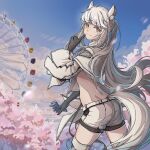  1girl animal_ear_fluff animal_ears arknights ass back belt black_gloves blue_sky cherry_blossoms chinese_commentary closed_mouth cloud cloudy_sky cowboy_shot day eyebrows_visible_through_hair ferris_wheel finger_to_mouth gloves highres holding horse_ears horse_girl horse_tail index_finger_raised iowae jacket long_hair looking_at_viewer midriff orange_eyes outdoors platinum_(arknights) ponytail short_shorts shorts silver_hair sky smile solo tail thighhighs thighs ticket tree white_belt white_jacket white_shorts zettai_ryouiki zipper 