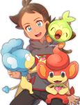  1boy :d antenna_hair artist_name blue_eyes brown_hair chitozen_(pri_zen) commentary_request eyelashes gen_5_pokemon gen_8_pokemon goh_(pokemon) grey_shirt grookey highres male_focus open_mouth pants pokemon pokemon_(anime) pokemon_(creature) pokemon_on_back pokemon_swsh_(anime) shirt short_sleeves simipour simisear smile starter_pokemon tongue upper_teeth watermark 