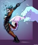  anthro balls bound caim_(chu-tora) canid canine canis danji-isthmus digital_media_(artwork) disembodied_hand domestic_dog duo eyes_closed feet fingers fur genitals hi_res male mammal open_mouth shikoku_ken side_view solo_focus spitz toes 