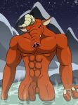  3_fingers abs absurd_res balls blin_(tloz) breath_of_the_wild fingers genitals hi_res hot_spring male moblin muscular muscular_male nintendo pecs penis pizzaozzy_(artist) solo the_legend_of_zelda vein veiny_penis video_games water 