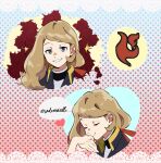  1girl alternate_costume closed_eyes closed_mouth commentary eyebrows_visible_through_hair eyelashes grey_eyes hair_behind_ear hair_ribbon heart holding_hand light_brown_hair long_hair looking_at_viewer multiple_views pokemon pokemon_(game) pokemon_xy red_ribbon ribbon serena_(pokemon) sheery_sbox smile sparkle tailcoat 