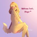  1:1 animal_crossing anthro areola big_breasts biped blonde_hair breasts canid canine crossed_legs dialogue english_text female fur genitals hair hi_res isabelle_(animal_crossing) looking_at_viewer mammal navel nintendo nipples nude pussy sitting solo text trigzom video_games yellow_body yellow_fur 