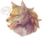  2018 blue_eyes canid canine canis ear_piercing ear_ring fur link_(wolf_form) male mammal markings natsub_bkoge nintendo open_mouth pictographics piercing simple_background solo speech_bubble teeth the_legend_of_zelda tongue tongue_out video_games wolf 