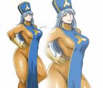  1girl aqua_hair bangs blue_tabard bodysuit breasts dragon_quest dragon_quest_iii gloves hand_on_hip large_breasts long_hair mitre orange_bodysuit parted_lips priest_(dq3) shibusun simple_background smile solo tabard white_background yellow_eyes yellow_gloves zoom_layer 