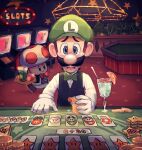  2boys black_hair black_vest blue_eyes bow bowtie brown_hair casino coin crying crying_with_eyes_open cup facial_hair gambling gloves green_bow green_headwear green_neckwear highres hiyashimeso indoors long_sleeves luigi mario_(series) multiple_boys mustache new_super_mario_bros. open_mouth shirt slot_machine solo_focus star_(symbol) tears toad tray upper_body vest white_gloves white_shirt 