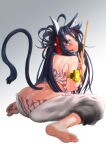  1girl animal_ear_fluff animal_ears arknights arm_pouch ass asymmetrical_pants barefoot blaze_(arknights) blaze_(burst_feline)_(arknights) blue_eyes blue_hair cat_ears cat_girl cat_tail drumsticks feet headphones highres long_hair looking_at_viewer looking_back no_panties soles tail tank_top toes white_tank_top yamauchi_(conan-comy) 