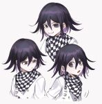  1boy :o absurdres bangs black_eyes black_hair bojue_(hakus_1128) buttons checkered checkered_neckwear checkered_scarf closed_mouth cropped_torso danganronpa_(series) danganronpa_v3:_killing_harmony double-breasted grey_background grin hair_between_eyes highres jacket long_sleeves looking_at_viewer male_focus open_mouth ouma_kokichi purple_eyes purple_hair scarf shirt short_hair smile upper_body 