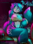  anthro blue_body blue_fur canid canine cerinian dialogue dipstick_tail english_text female fox fur glass_cup green_eyes hi_res jewelry krystal looking_at_viewer mammal multicolored_tail necklace neon_lights nintendo pole richardarkness signature sitting_on_table solo star_fox stripper_pole sytherush text video_games 