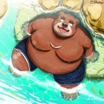  2021 absurd_res anthro beach brown_nose clothing hi_res humanoid_hands kemono kumajjjj male mammal moobs nipples obese obese_anthro obese_male outside overweight overweight_anthro overweight_male seaside sitting solo swimwear ursid water wet 
