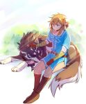  blonde_hair blue_eyes boots breath_of_the_wild canid canine canis claws clothing duo ear_piercing ear_ring eyes_closed feral footwear fur gloves hair handwear hi_res humanoid humanoid_pointy_ears hylian link link_(wolf_form) male mammal markings natsub_bkoge nintendo piercing ponytail sitting sleeping square_crossover the_legend_of_zelda video_games wolf 