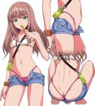  1girl 40010prototype aqua_eyes ass back barefoot bikini breasts brown_hair churro eating green_eyes gridman_universe highres long_hair looking_at_viewer minami_yume multiple_views navel open_clothes open_shorts purple_bikini revealing_clothes shorts simple_background squatting ssss.dynazenon swimsuit watch white_background wristwatch 