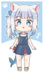  1girl :o animal_ear_fluff animal_ears bag bangs bare_arms blue_background blue_dress blue_eyes blue_hair blush_stickers brown_footwear cat_ears chibi commentary dress english_commentary eyebrows_visible_through_hair fish_tail full_body gawr_gura grey_hair hair_cubes hair_ornament highres hololive hololive_english looking_at_viewer multicolored_hair parted_lips rutorifuki sandals shark_tail shirt shoulder_bag side_ponytail sleeveless sleeveless_dress solo standing streaked_hair tail two-tone_background virtual_youtuber white_background white_shirt 