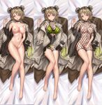  1girl absurdres ask---dududu blush breasts choker dakimakura_(medium) double_bun fishnet_dress girls_frontline highres light_brown_hair medium_breasts navel nude official_alternate_costume p90_(girls_frontline) red_eyes short_hair smile tongue tongue_out 