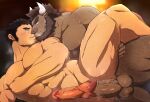  2boys abs animal_ears bara beard black_hair blush brown_fur brown_hair chest_hair completely_nude cow_ears cow_horns dark_skin dark_skinned_male erection facial_hair furry gongo_(gongo_kotijan) highres horns imminent_sex interspecies kiss large_pectorals long_sideburns lying male_focus mature_male minotaur multiple_boys muscular muscular_male nipple_tweak nipples nude on_side original pectorals penis self_fondle short_hair sideburns smile stomach stubble thick_thighs thighs uncensored veins veiny_penis yaoi 