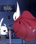  ambiguous_gender dialogue holding_object holding_weapon hollow_knight hornet_(hollow_knight) scocks4you size_difference team_cherry vessel_(species) video_games weapon white_body 
