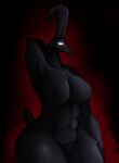  abs absurd_res anthro big_breasts black_body black_fur bovid breasts caprine demon empty_eyes female fur glowing glowing_eyes goat hand_behind_head hi_res horn long_horn mammal muscular muscular_anthro muscular_female relmediocre_(artist) solo solo_focus tailwag thick_thighs 