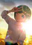  1girl absurdres aqua_eyes backlighting blurry blurry_background blush cloud cloudy_sky futomayu-chan_(sinohira_rin) green_hair grey_sweater highres lens_flare looking_at_viewer one_eye_closed original parted_lips short_hair sinohira_rin sky solo sweater v 