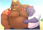  2021 anthro aretna belly bottomwear brown_body brown_fur canid canine canis clothed clothing domestic_dog duo eyewear fur hi_res kemono male male/male mammal moobs nipples open_clothing open_shirt open_topwear outside overweight overweight_male pants shirt sunglasses topwear 