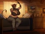  absurd_res anthro bed big_breasts big_butt bottomwear bovid bovine bovine_ears bra breasts butt clothing denim denim_clothing dressing female furniture greasymojo hi_res hooves horn huge_breasts jeans mammal navel pants sitting slightly_chubby solo thick_thighs underwear wide_hips 