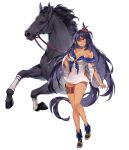  1girl absurdres animal animal_ears bare_shoulders black_hair blue_footwear breasts brown_eyes cleavage dark_skin hair_ornament hairclip hand_on_hip highres hishi_amazon_(umamusume) horse horse_ears horse_girl long_hair looking_at_viewer medium_breasts sailor_collar scrunchie thigh_strap tuxedo_de_cat umamusume very_long_hair 