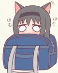  1girl :&lt; akemi_homura animal_ears bag bangs beige_background black_hair blush cat_ears commentary_request ear_twitch eyebrows_visible_through_hair hair_between_eyes hair_ornament hairband highres homu kemonomimi_mode long_hair mahou_shoujo_madoka_magica no_nose o_o outline purple_hairband red_outline school_bag sidelocks simple_background solo yuno385 