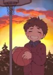  1boy ball basketball basketball_hoop be_(ronironibebe) brown_hair closed_eyes clyde_donovan holding holding_ball jacket male_focus orange_sky red_jacket short_hair sky smile solo south_park 