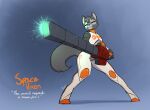  action_pose canid canine eyes_closed feretta fox fur grey_body grey_fur hi_res mammal pose railgun ranged_weapon red_fox silver_fox smile space_vixen vix_(feretta) vixavil_hayden weapon 