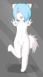  absurd_res anthro barefoot blue_hair domestic_cat feet felid feline felis female flat_chested fur genitals hair hi_res kemono mammal nipples nude on_glass pussy ranlunghsu red_eyes solo tongue tongue_out white_body white_fur young 