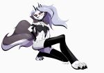  2021 abs anthro bottomless canid canid_demon clothed clothing collar convenient_censorship demon female full-length_portrait fur grey_hair hair hand_on_hip hand_on_leg hand_on_thigh hellhound helluva_boss looking_at_viewer loona_(vivzmind) mammal portrait simple_background solo spiked_collar spikes white_background white_body white_fur xu53r 