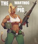  abs ammunition anthro belt blonde_hair bottomwear breasts clothing dog_tags dupllo genitals gun gynomorph hair hi_res intersex m60 machine_gun mammal muscular muscular_anthro muscular_gynomorph muscular_intersex pants penis ranged_weapon shirt solo solo_focus suid suina sus_(pig) tank_top topwear under_boob weapon wild_boar 