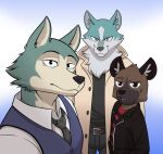  2020 aggressive_retsuko anjing_kampuss anthro beastars blue_body blue_fur brand_new_animal canid canine canis clothed clothing fur grey_body grey_fur group haida hi_res hyaenid legoshi_(beastars) male mammal sanrio shirou_ogami spotted_hyena studio_trigger wolf 