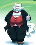  2021 anthro bottomwear bow_tie clothing debudave_12 domestic_cat felid feline felis fur hi_res humanoid_hands kemono male mammal overweight overweight_anthro overweight_male pants shirt solo topwear white_body white_fur 