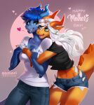  2021 anthro aomori blue_eyes blue_hair breasts clothed clothing daughter digital_media_(artwork) dragon duo eyebrows eyelashes female green_eyes hair hug hugging_from_behind mother mother_and_child mother_and_daughter parent parent_and_child smile wingless_dragon 