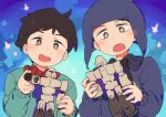  2boys be_(ronironibebe) black_eyes black_hair blue_jacket chullo craig_tucker hat holding holding_toy jacket kevin_stoley multiple_boys open_mouth robot shirt short_hair smile south_park toy 