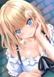  1girl black_ribbon blonde_hair blue_eyes blush breasts brick_wall cleavage closed_mouth commentary dutch_angle earrings english_commentary eyebrows_visible_through_hair frilled_shirt frills fumihiko_(fu_mihi_ko) gear_hair_ornament hair_ornament hairclip hand_on_own_cheek hand_on_own_face heart heart_earrings highres hololive hololive_english jewelry large_breasts looking_at_viewer magnifying_glass mixed-language_commentary neck_ribbon off-shoulder_shirt off_shoulder official_alternate_costume ribbon shirt short_hair smile solo strap suspenders upper_body virtual_youtuber watson_amelia white_shirt 