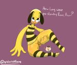  anthro arthropod bee blush bodily_fluids clothing fan_character female food footwear genital_fluids genitals hi_res honey_(food) hymenopteran insect pussy pussy_juice shy socks solo thick_thighs visiosovizzy 