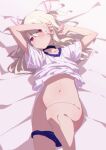  1girl arm_on_head bed blonde_hair blush buruma buruma_pull choker closed_mouth fate/kaleid_liner_prisma_illya fate_(series) feathers hair_feathers illyasviel_von_einzbern long_hair lying navel no_panties red_eyes shirt solo stomach t-shirt user_zhmv3725 