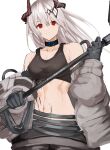  1girl absurdres aokuma_(yuuran_create) arknights bangs bare_shoulders black_choker black_gloves breasts choker commentary crop_top gloves hair_between_eyes hand_up highres horns infection_monitor_(arknights) long_hair long_sleeves medium_breasts midriff mudrock_(arknights) navel parted_lips pointy_ears red_eyes silver_hair simple_background solo sports_bra stomach upper_body white_background 
