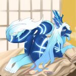  anthro antlers asian_mythology bed blue_body blue_fur buttplug cora_ditris dragon east_asian_mythology eastern_dragon female fur furniture genitals glowing hi_res horn mythology pussy rartrap sex_toy solo vibrator 
